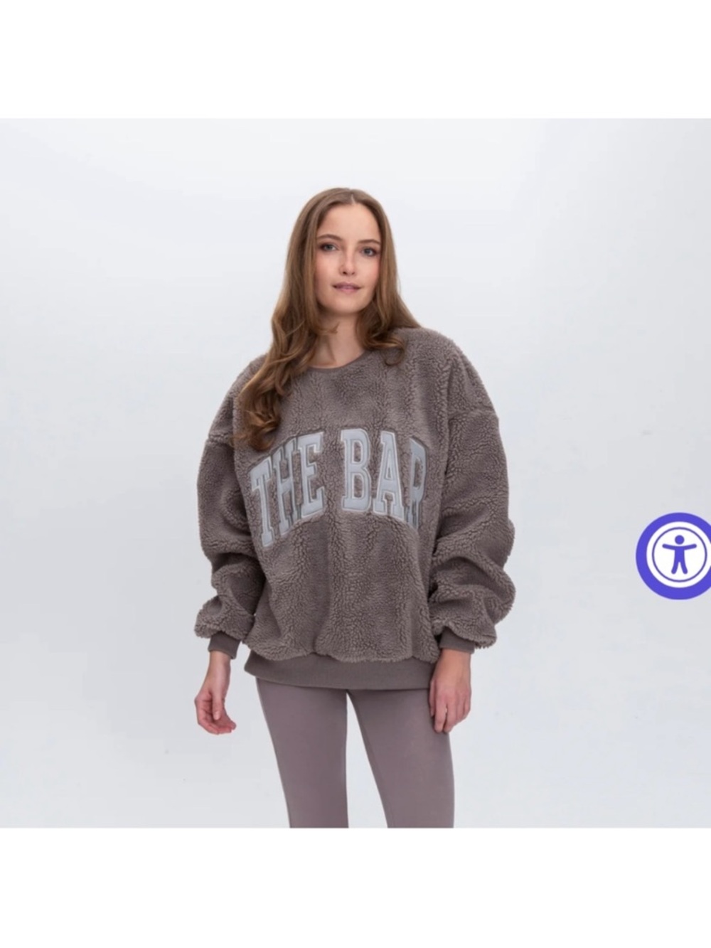 THE BAR Taupe Sherpa Crewneck with White Chest Lettering